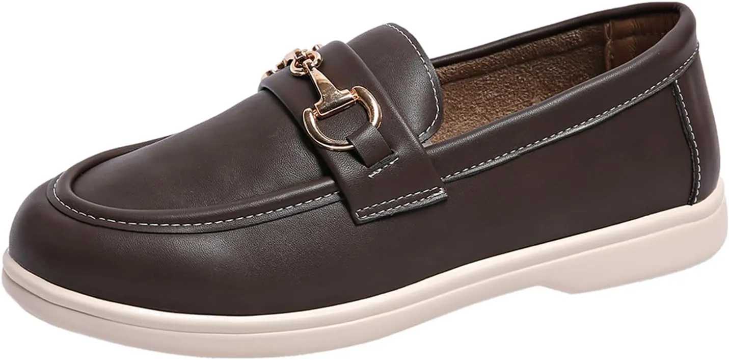 Orthopedic Platform Loafers Women with Chain, Round Retro Toe Comfortable Slip On Work Loafers
