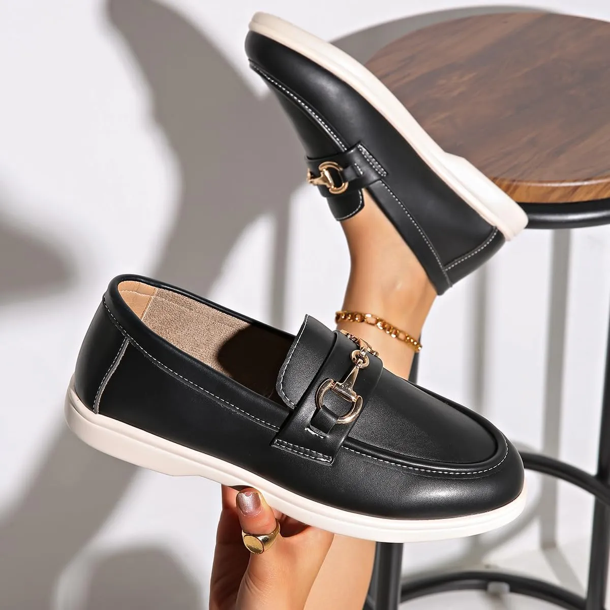 Orthopedic Platform Loafers Women with Chain, Round Retro Toe Comfortable Slip On Work Loafers