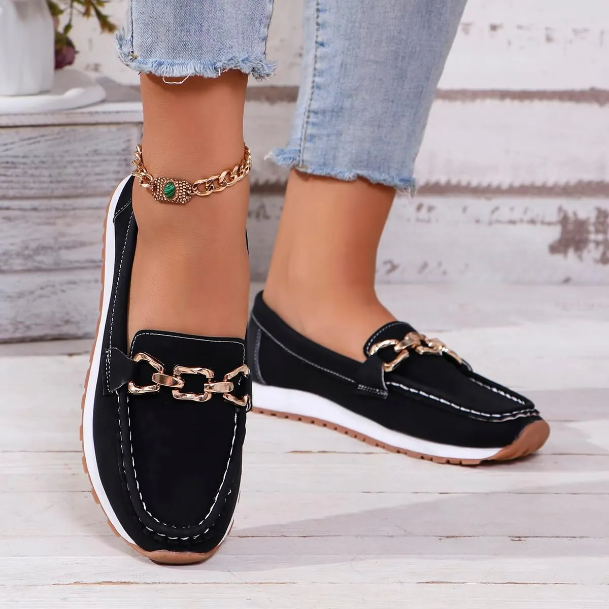 Orthopedic Platform Loafers Women with Chain, Round Retro Toe Comfortable Slip On Work Loafers