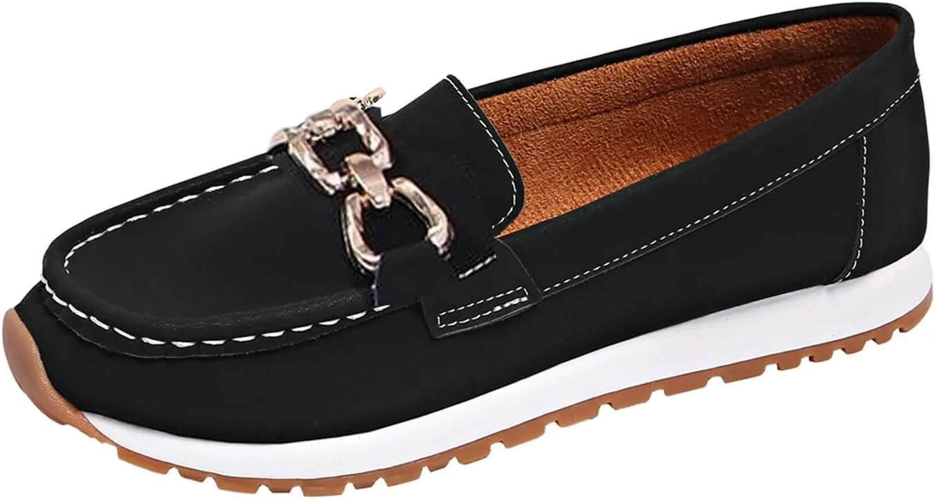 Orthopedic Platform Loafers Women with Chain, Round Retro Toe Comfortable Slip On Work Loafers