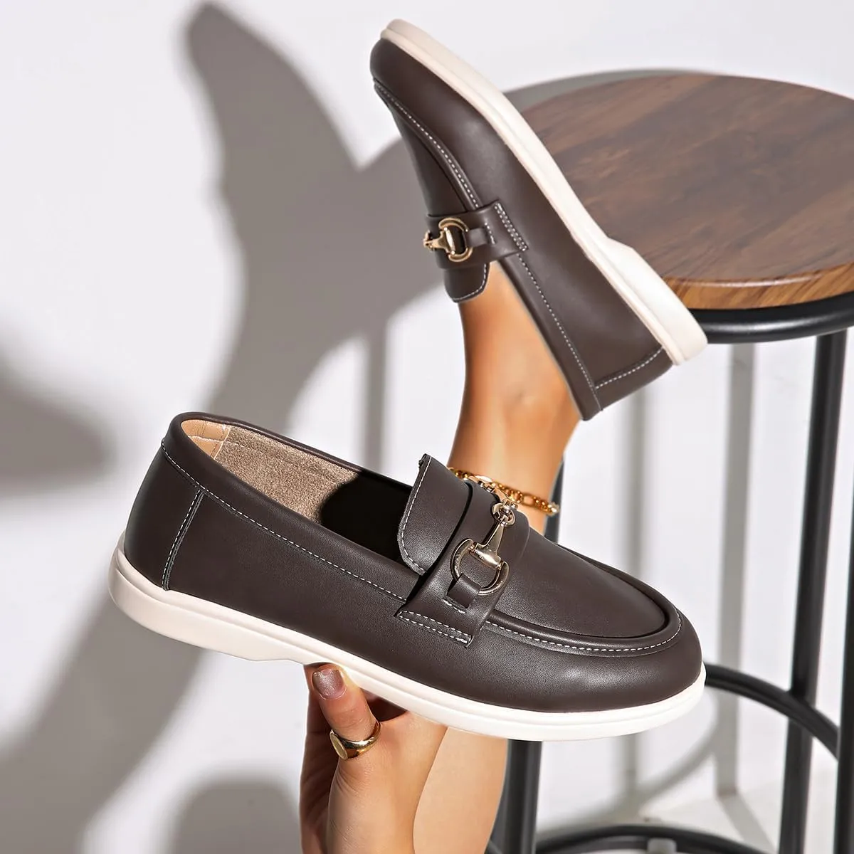 Orthopedic Platform Loafers Women with Chain, Round Retro Toe Comfortable Slip On Work Loafers
