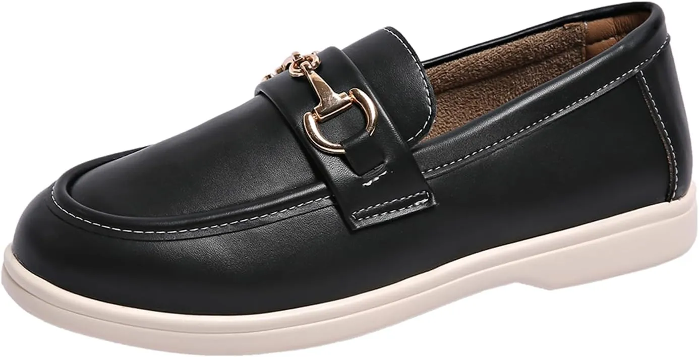 Orthopedic Platform Loafers Women with Chain, Round Retro Toe Comfortable Slip On Work Loafers