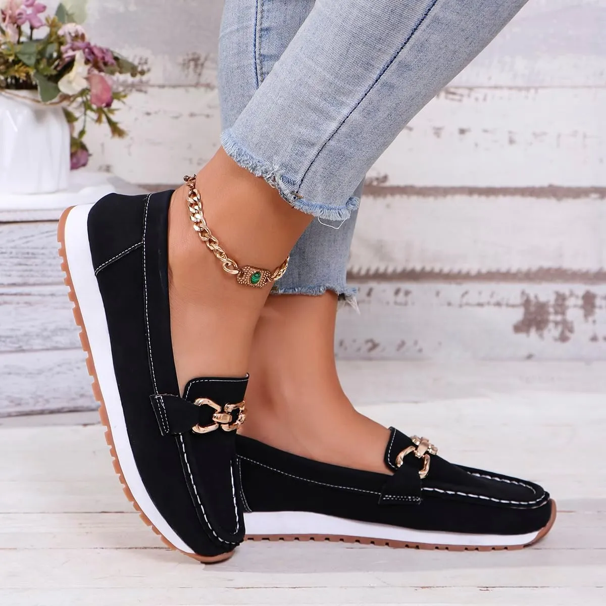 Orthopedic Platform Loafers Women with Chain, Round Retro Toe Comfortable Slip On Work Loafers