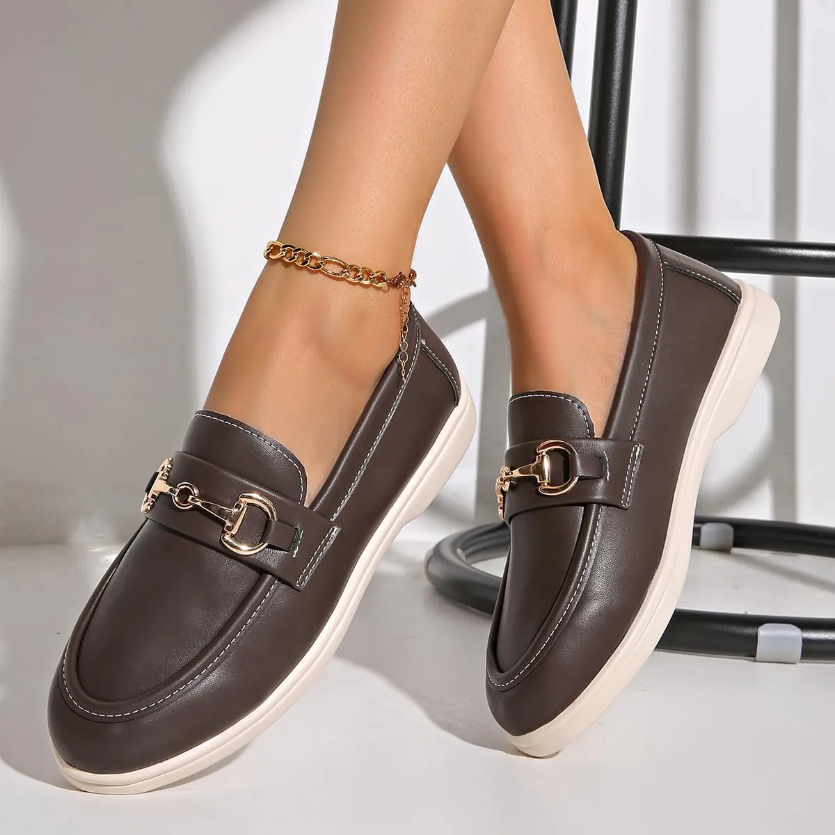 Orthopedic Platform Loafers Women with Chain, Round Retro Toe Comfortable Slip On Work Loafers