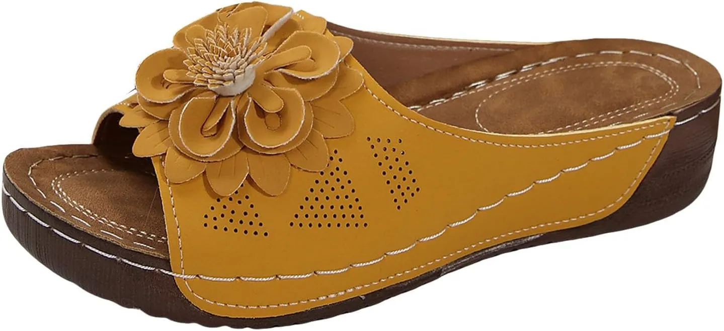 Orthopedic Sandals for Women 2025 Chic Flowers Arch Support Fish Mouth Open Toe Leather Slippers Wedge Platform Sandal