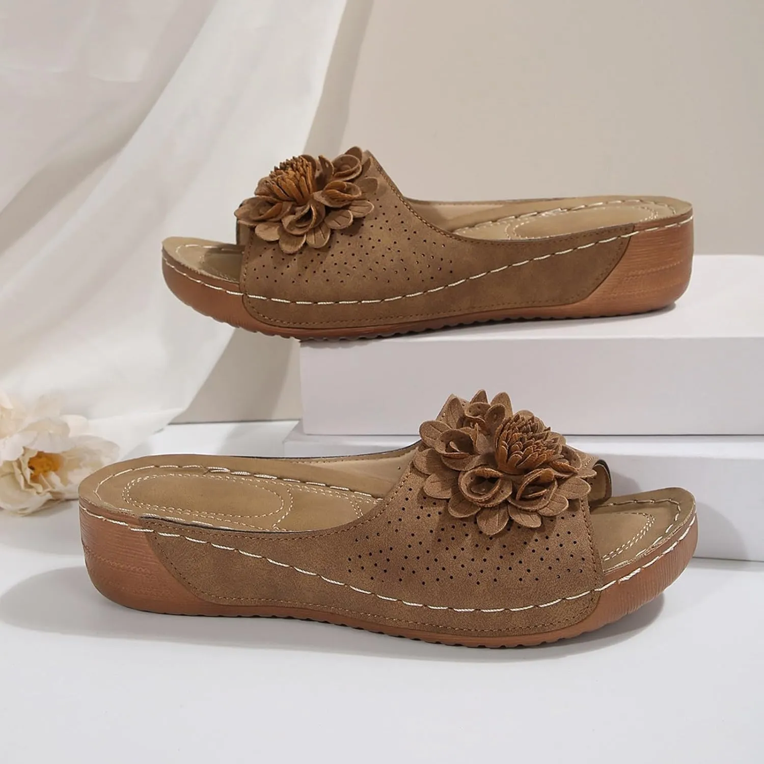Orthopedic Sandals for Women 2025 Chic Flowers Arch Support Fish Mouth Open Toe Leather Slippers Wedge Platform Sandal