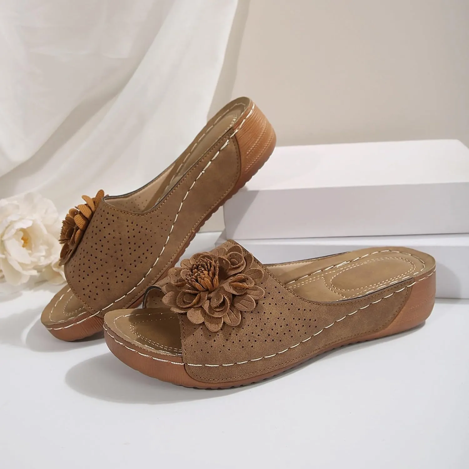 Orthopedic Sandals for Women 2025 Chic Flowers Arch Support Fish Mouth Open Toe Leather Slippers Wedge Platform Sandal