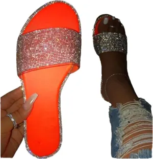 Rhinestone Sandals For Women,Women Flat Sadals Glitter Flat Dressy Flip-Flops Summer Open Toe Beach Sandals Slippers