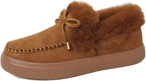 SACFOF Womens Winter Flat Boots Warm Durable Shoes With Fur Lined Fuzzy Ankle Snow Boots Platform Thick Plush Casual Loafers