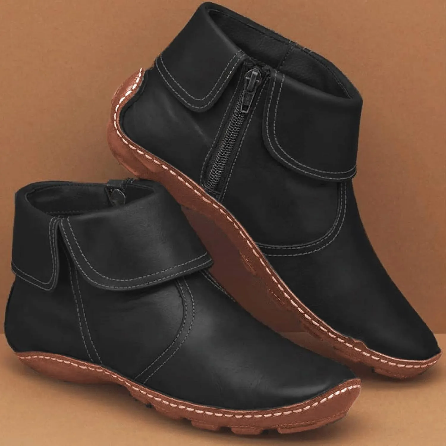 SBGMoSJ Black Leather Ankle Boots for Women Chunky Heel Wide Width Open Toe Booties for Women Low Heel Womens Leather Ankle Boots Heel Brown Leather Wedges for Women Ankle Boot Women