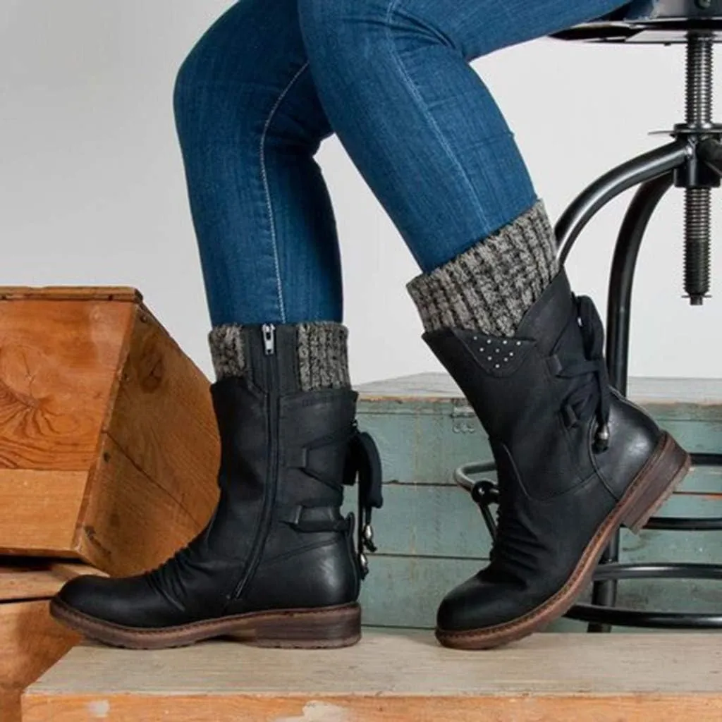SBGMoSJ Knee High Boots Leather Winter Boots Women Fashionable Leather Fall Boots for Women Mid Calf Womens Boots Soft Leather Mid Calf Wide Calf Wide Calf Cowboy Boots Women Square Toe Tall