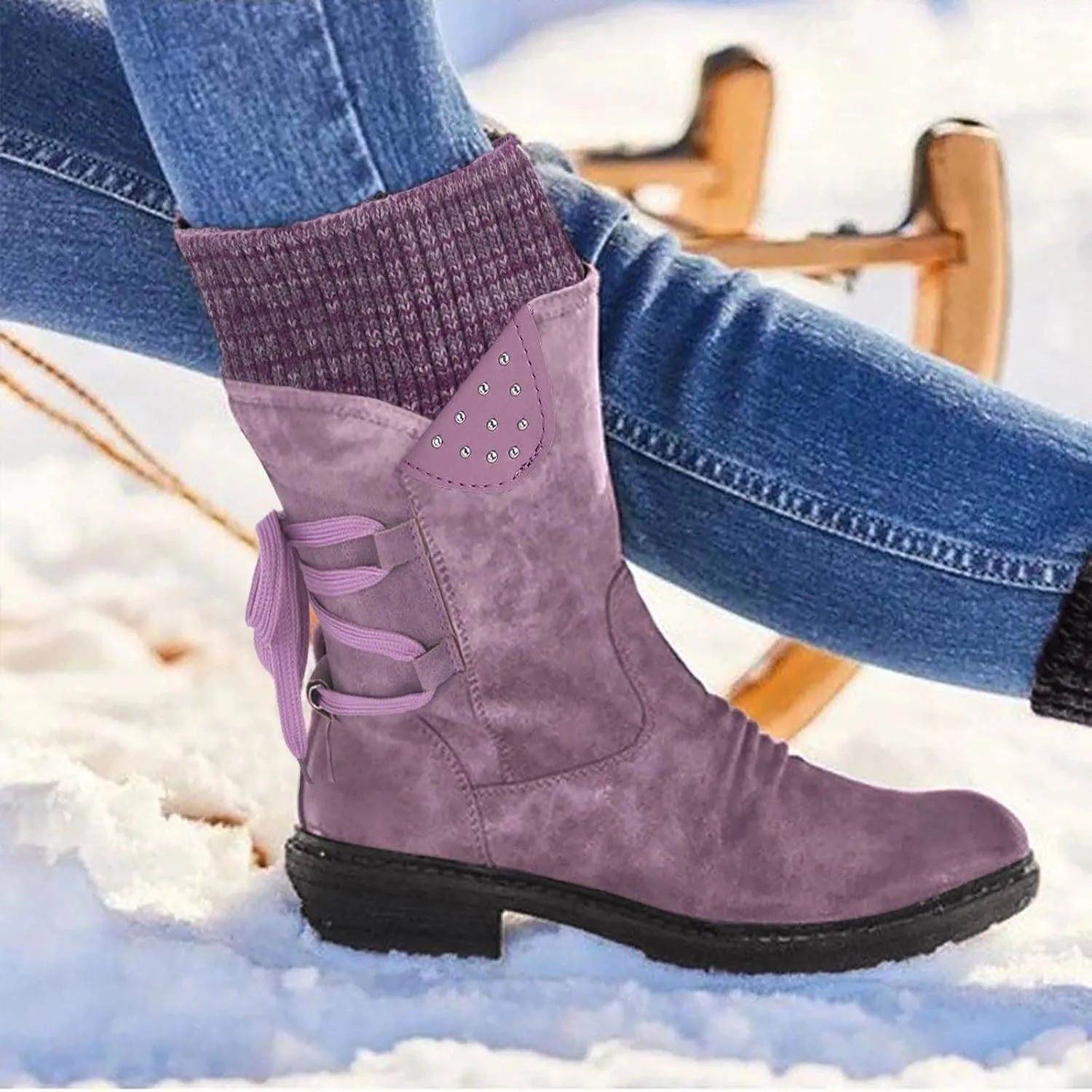 SBGMoSJ Knee High Boots Leather Winter Boots Women Fashionable Leather Fall Boots for Women Mid Calf Womens Boots Soft Leather Mid Calf Wide Calf Wide Calf Cowboy Boots Women Square Toe Tall