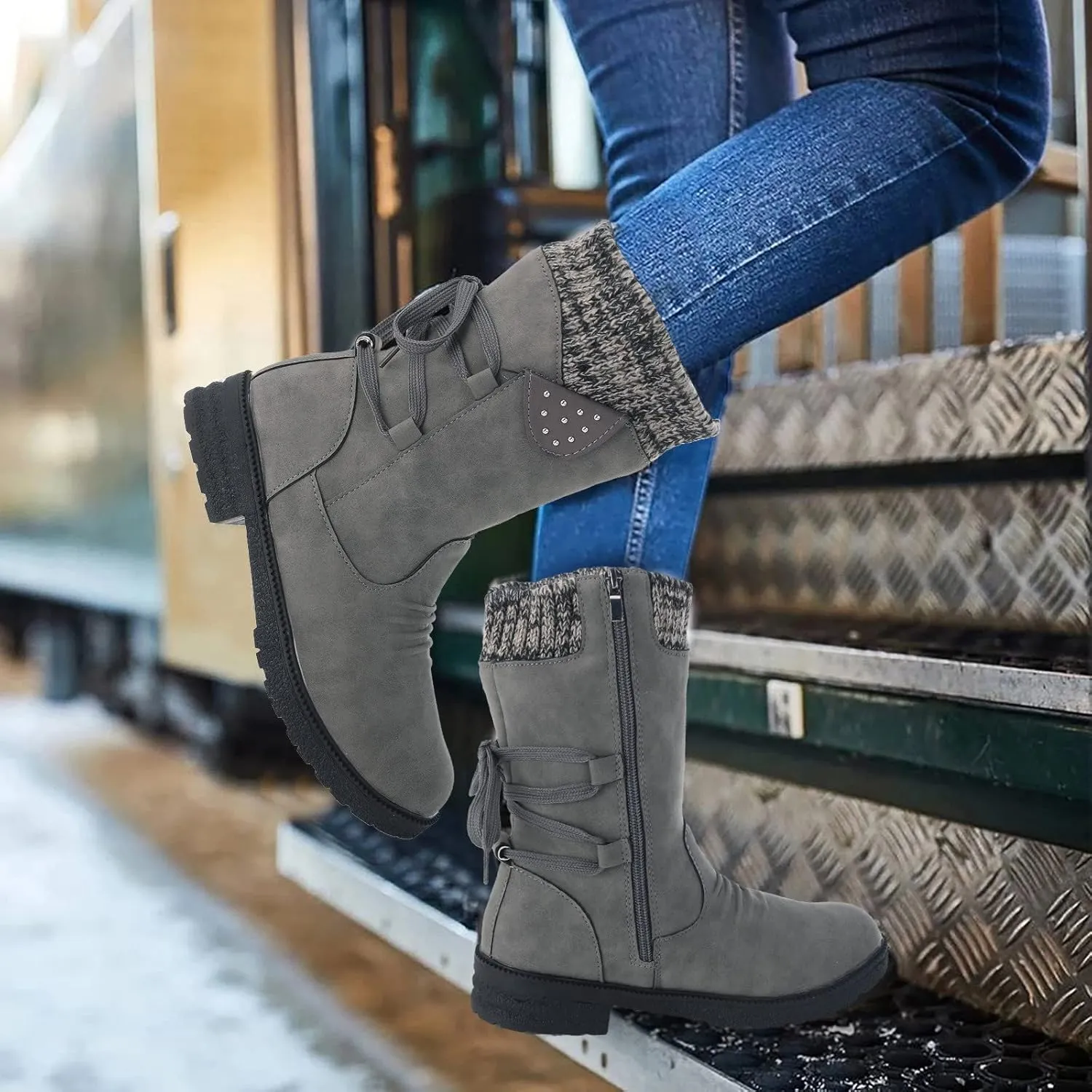 SBGMoSJ Knee High Boots Leather Winter Boots Women Fashionable Leather Fall Boots for Women Mid Calf Womens Boots Soft Leather Mid Calf Wide Calf Wide Calf Cowboy Boots Women Square Toe Tall