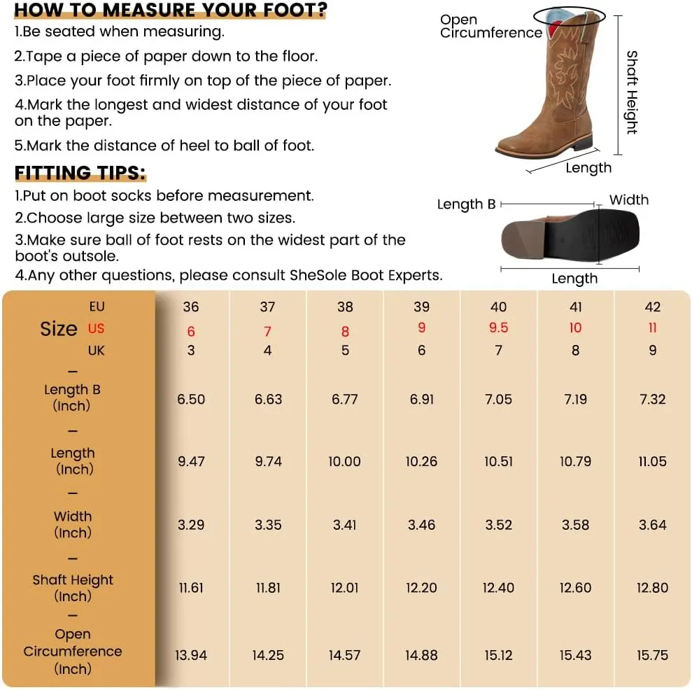 SheSole Women's Mid Calf Square Toe Cowgirl Western Cowboy Boots Brown
