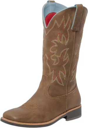 SheSole Women's Mid Calf Square Toe Cowgirl Western Cowboy Boots Brown
