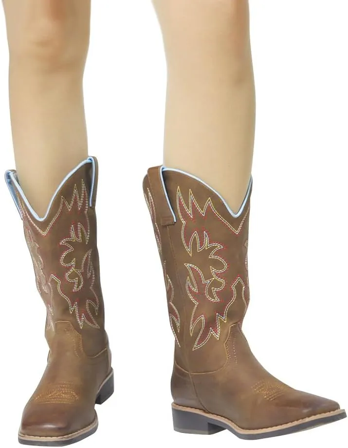 SheSole Women's Mid Calf Square Toe Cowgirl Western Cowboy Boots Brown