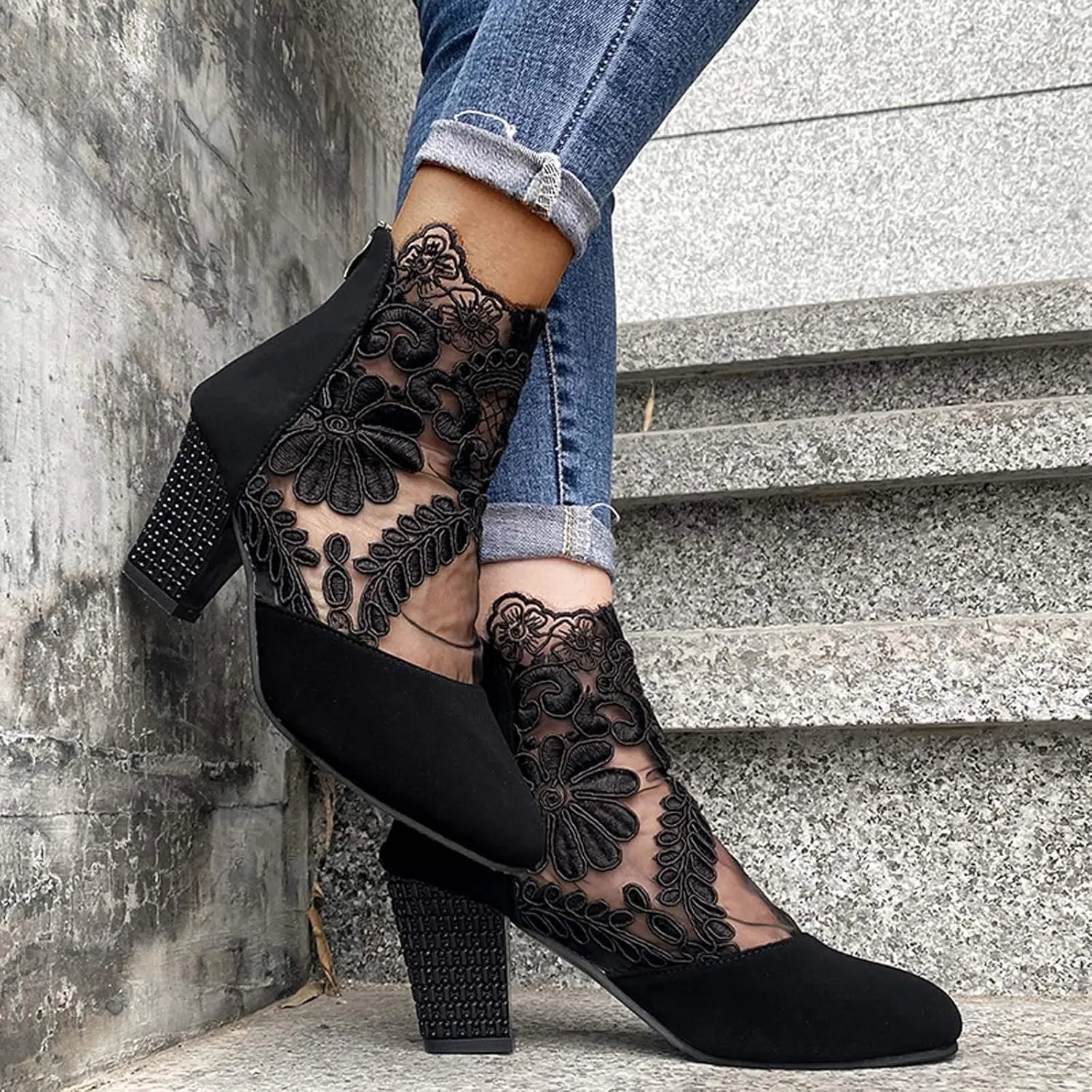 Shoes for Women, Womens Sandals Sexy Hollow Floral Lace Chunky High Heels Peep Toe Platform Boots