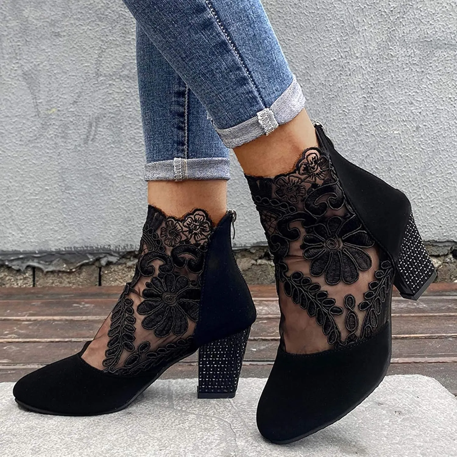 Shoes for Women, Womens Sandals Sexy Hollow Floral Lace Chunky High Heels Peep Toe Platform Boots
