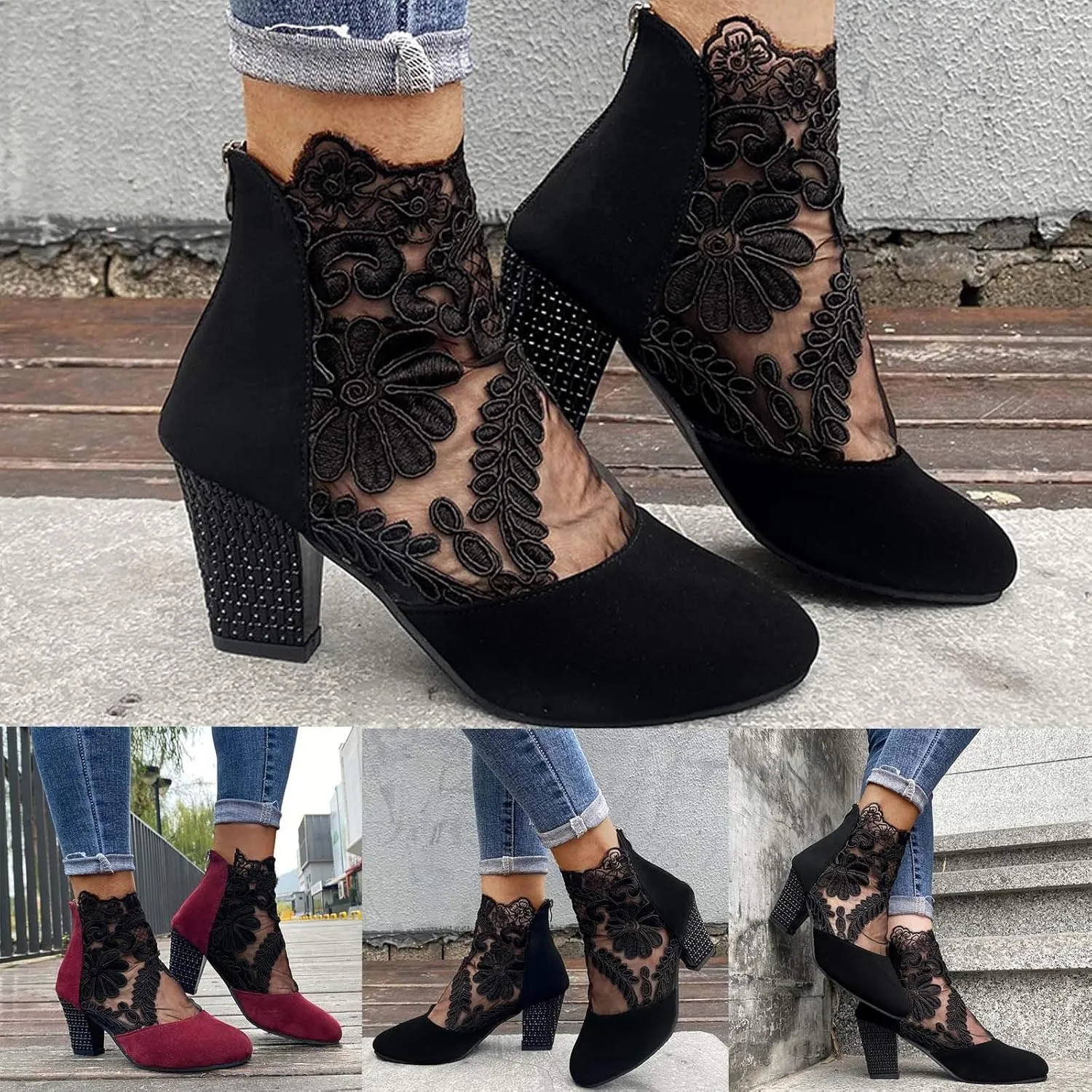 Shoes for Women, Womens Sandals Sexy Hollow Floral Lace Chunky High Heels Peep Toe Platform Boots