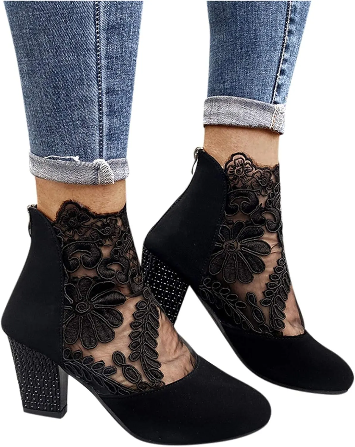 Shoes for Women, Womens Sandals Sexy Hollow Floral Lace Chunky High Heels Peep Toe Platform Boots