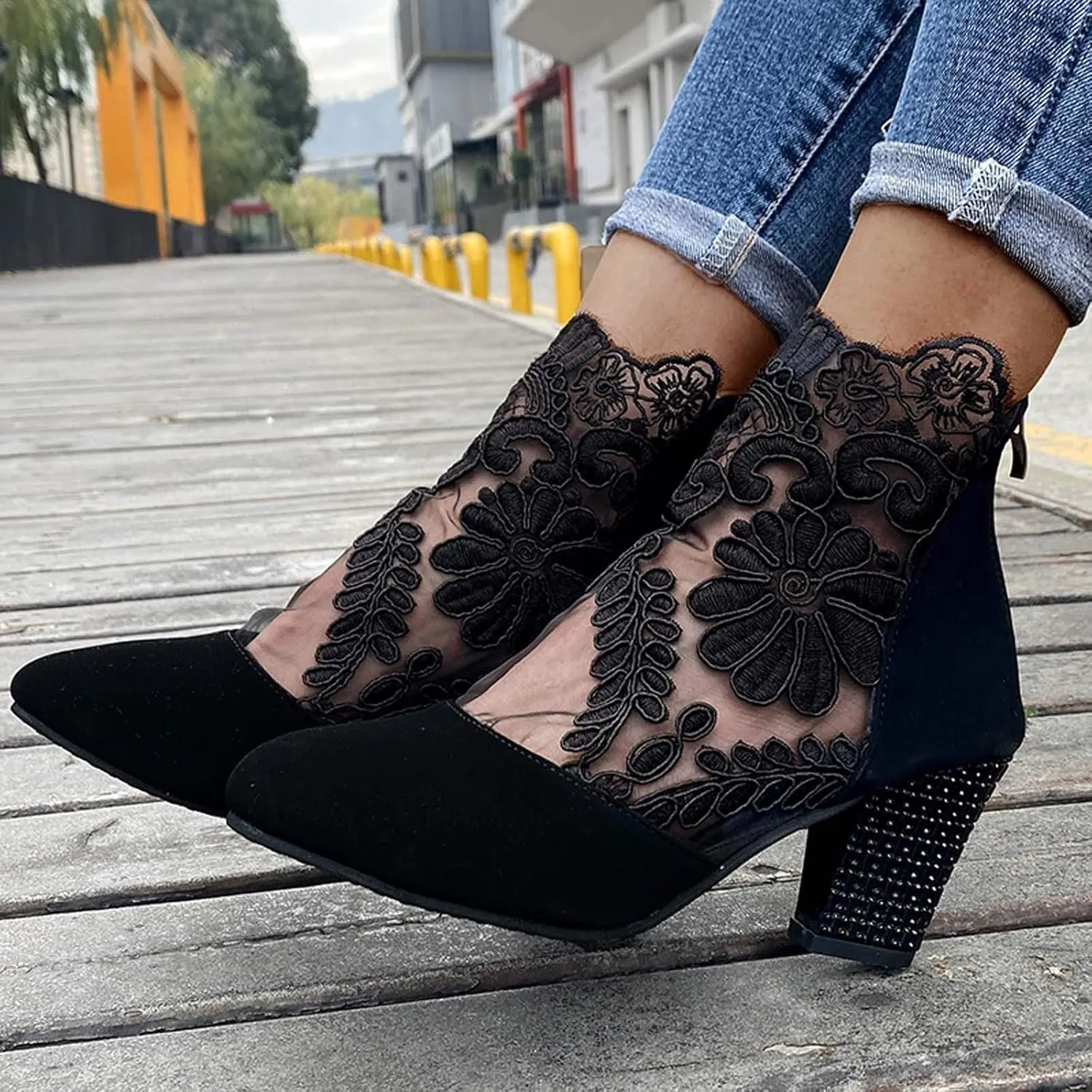 Shoes for Women, Womens Sandals Sexy Hollow Floral Lace Chunky High Heels Peep Toe Platform Boots