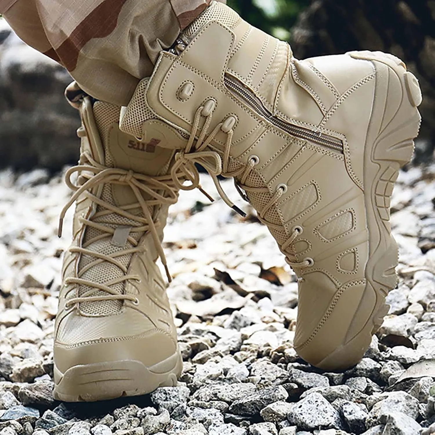 Side Zipper Desert Jungle Boots, Water Proof Tactical Military Mens Outdoor Boot with Sports Socks Durable Army Combat Boots Comfortable Work Boots