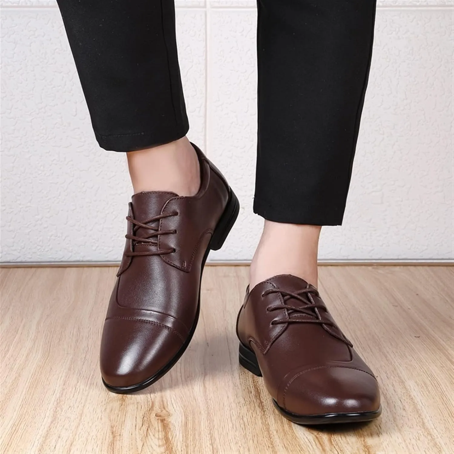 Single Season Dress Formal Shoes for Men Lace Up Cap Toe Derby Shoes Leather Slip Resistant Anti-Slip Block Heel Rubber Sole Non Slip Party Very Popular Among Young People