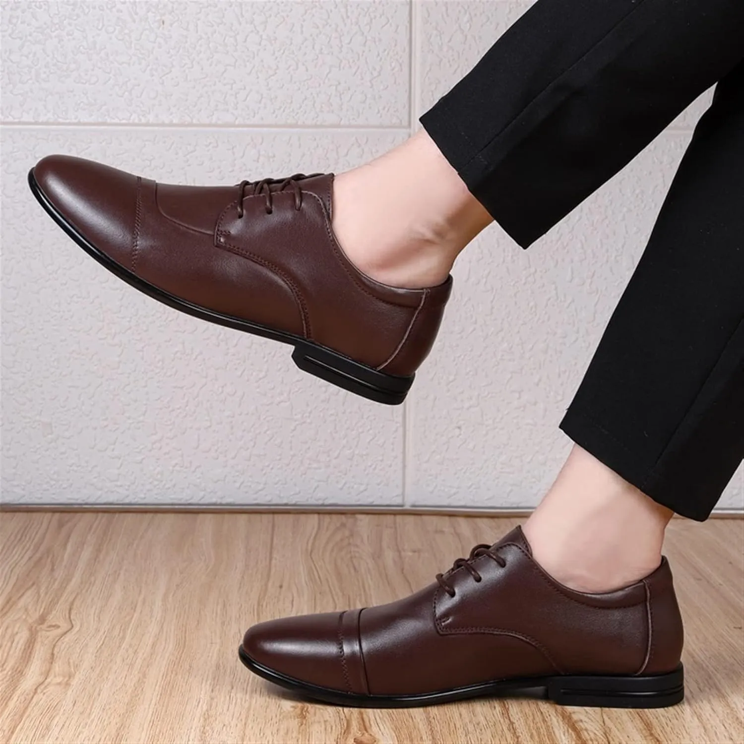 Single Season Dress Formal Shoes for Men Lace Up Cap Toe Derby Shoes Leather Slip Resistant Anti-Slip Block Heel Rubber Sole Non Slip Party Very Popular Among Young People