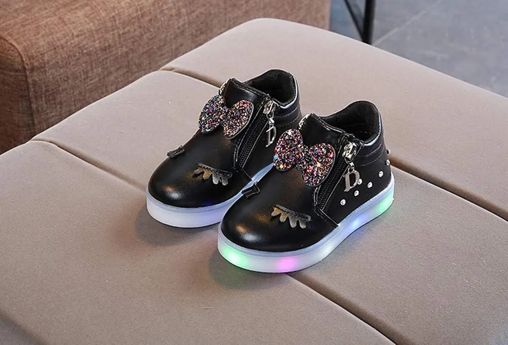Sneakers for Boys 1-6 Years Kids Toddler Baby Girls LED Light Sneaker Crystal Bowknot Boots Sport Shoes Black Sneakers