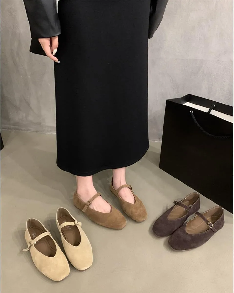 Suede Mary Jane Flats Fall 2024 Brown Ballet Flats Shoes for Women Y2k Shoes Brown Flat Shoes