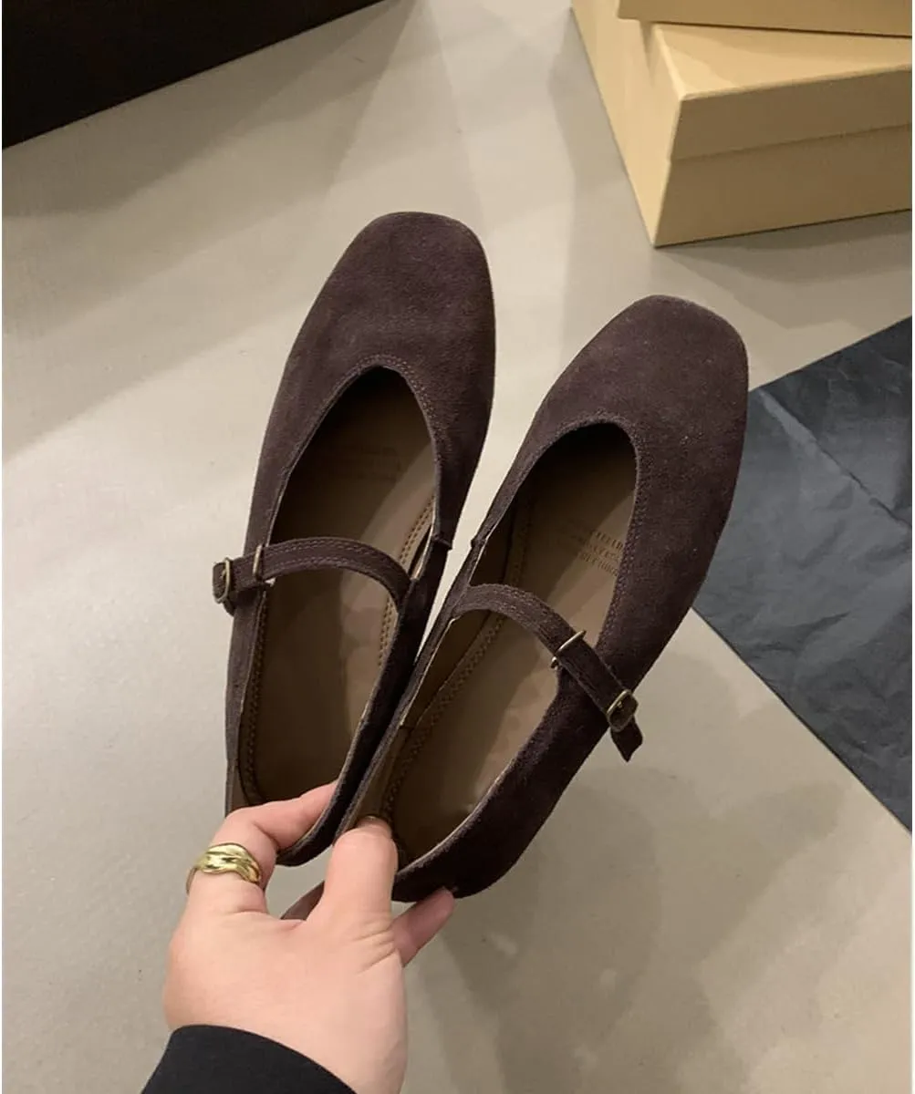 Suede Mary Jane Flats Fall 2024 Brown Ballet Flats Shoes for Women Y2k Shoes Brown Flat Shoes