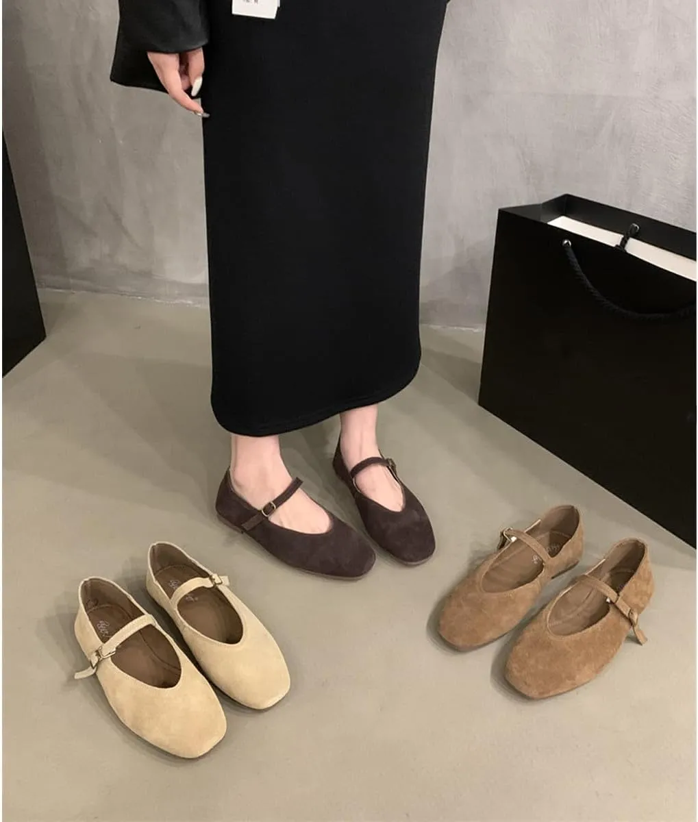 Suede Mary Jane Flats Fall 2024 Brown Ballet Flats Shoes for Women Y2k Shoes Brown Flat Shoes