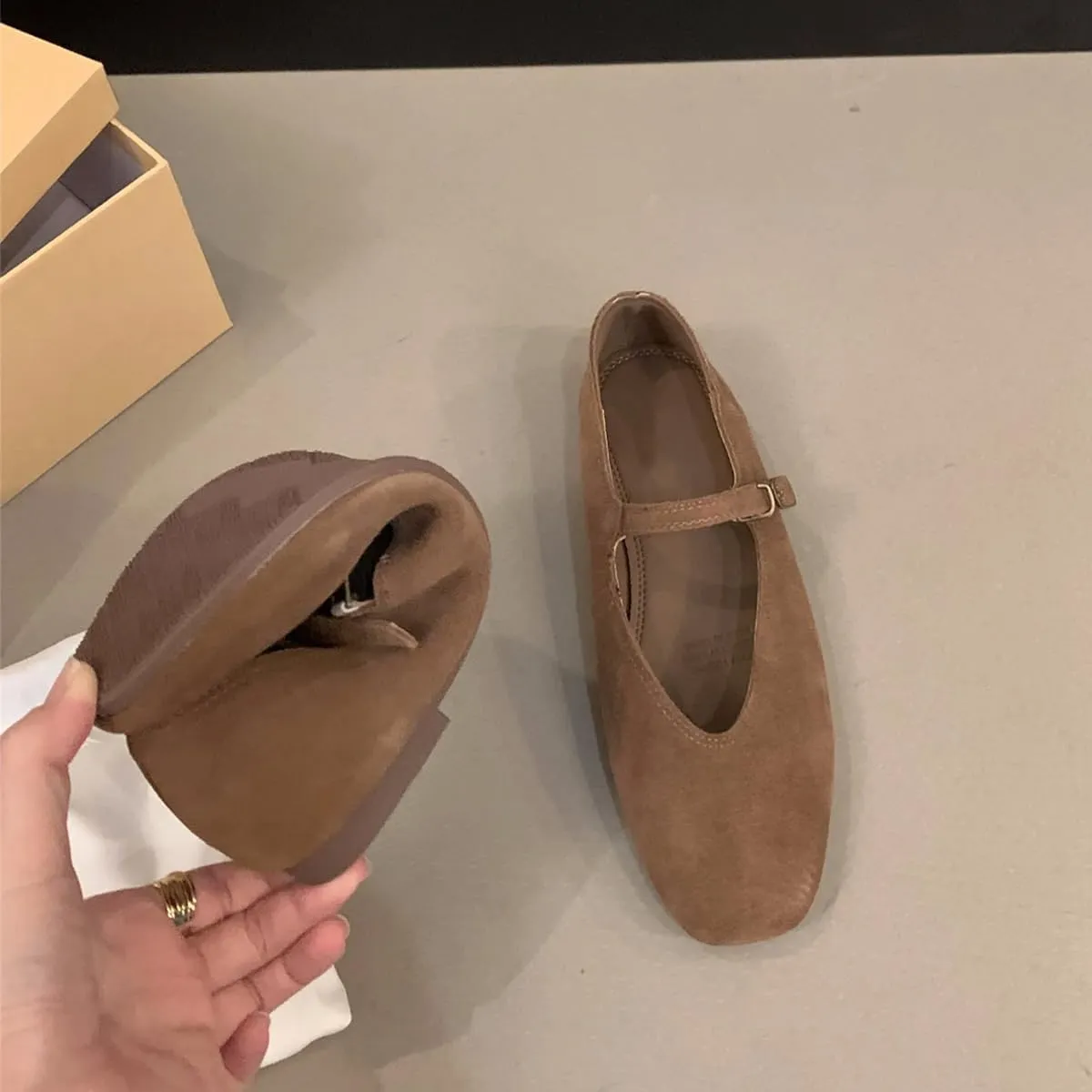 Suede Mary Jane Flats Fall 2024 Brown Ballet Flats Shoes for Women Y2k Shoes Brown Flat Shoes