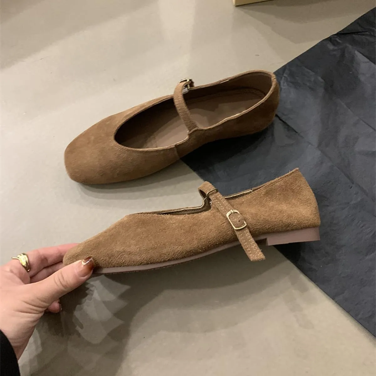 Suede Mary Jane Flats Fall 2024 Brown Ballet Flats Shoes for Women Y2k Shoes Brown Flat Shoes