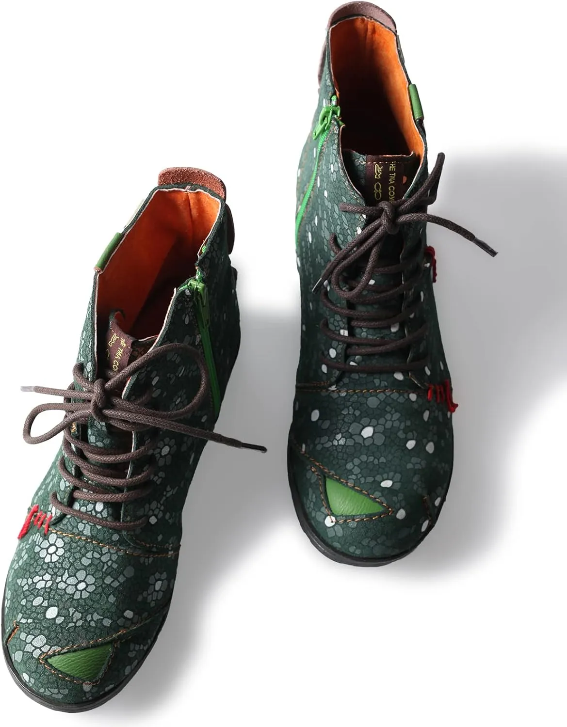 TMA EYES Hand-Stitched Floral-Print Leather Women's Boots