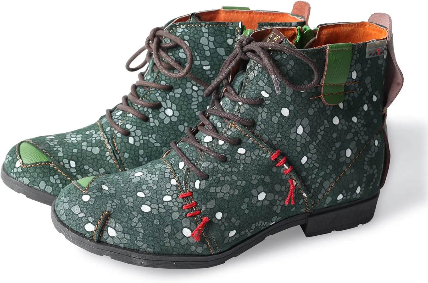 TMA EYES Hand-Stitched Floral-Print Leather Women's Boots
