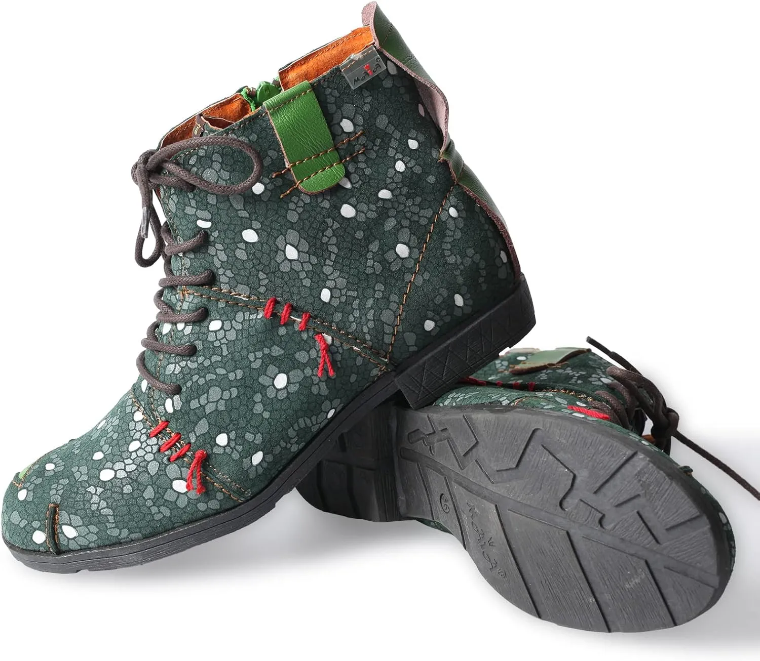 TMA EYES Hand-Stitched Floral-Print Leather Women's Boots
