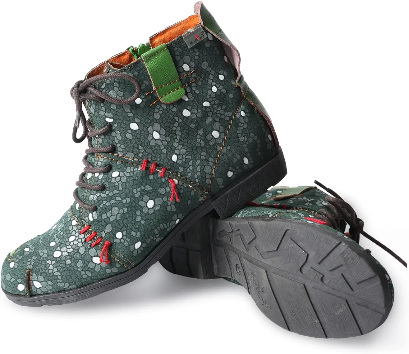 TMA EYES Hand-Stitched Floral-Print Leather Women's Boots