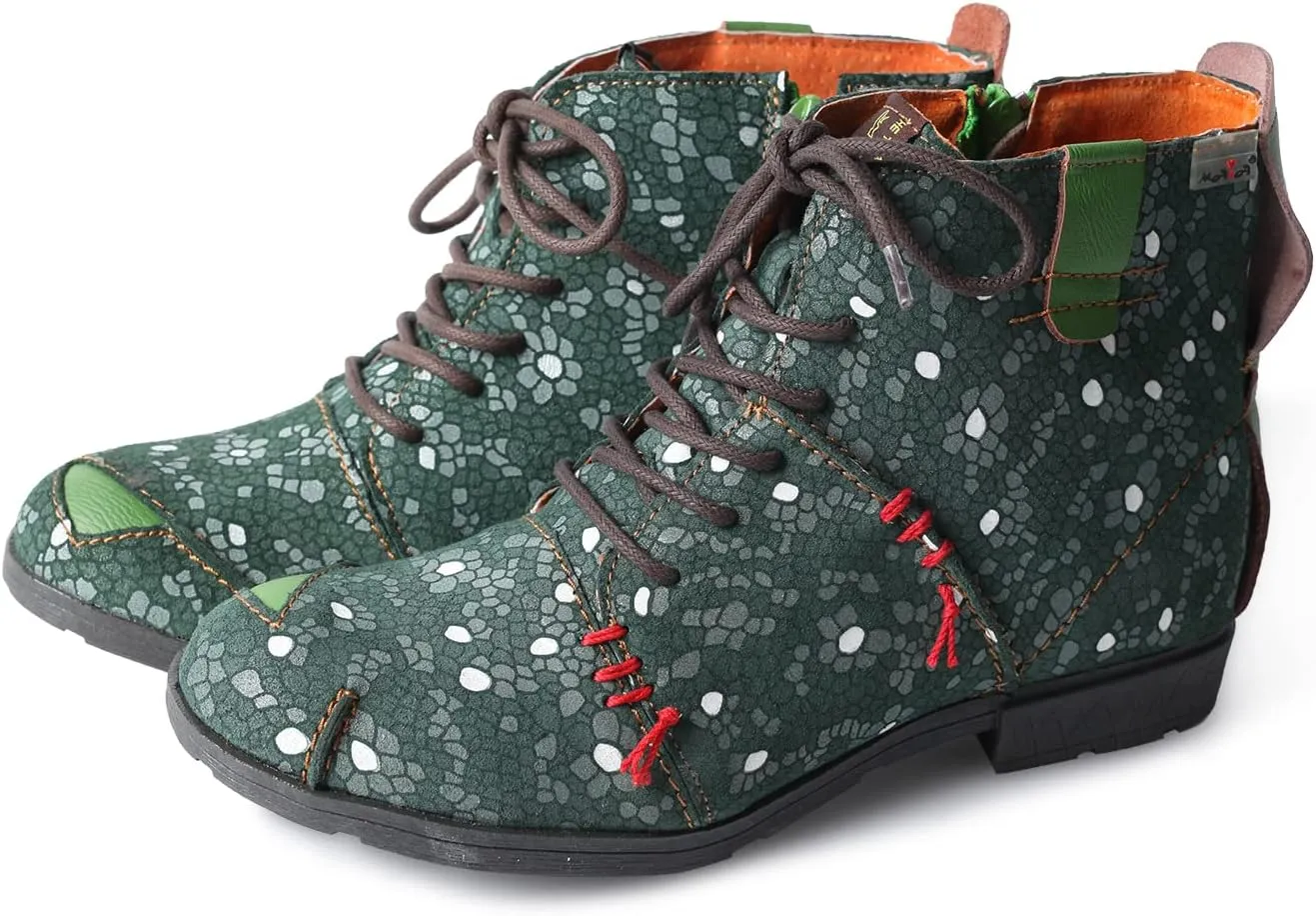 TMA EYES Hand-Stitched Floral-Print Leather Women's Boots