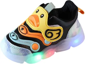 Toddler Baby Girls Light Up Sneakers Rubber Soft Bottom Slip On Sports Shoes Cartoon Duck Pattern Fashion Shoes