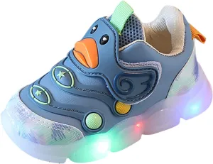 Toddler Baby Girls Light Up Sneakers Rubber Soft Bottom Slip On Sports Shoes Cartoon Duck Pattern Fashion Shoes