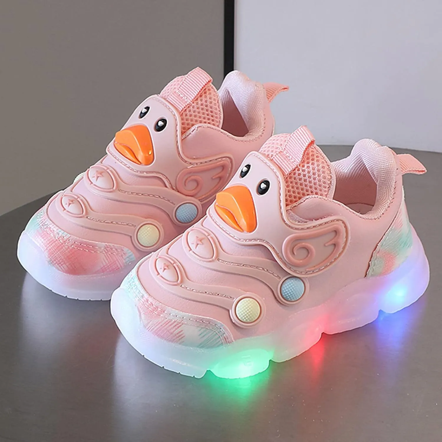 Toddler Baby Girls Light Up Sneakers Rubber Soft Bottom Slip On Sports Shoes Cartoon Duck Pattern Fashion Shoes