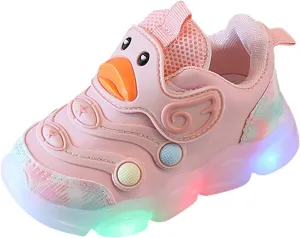 Toddler Baby Girls Light Up Sneakers Rubber Soft Bottom Slip On Sports Shoes Cartoon Duck Pattern Fashion Shoes