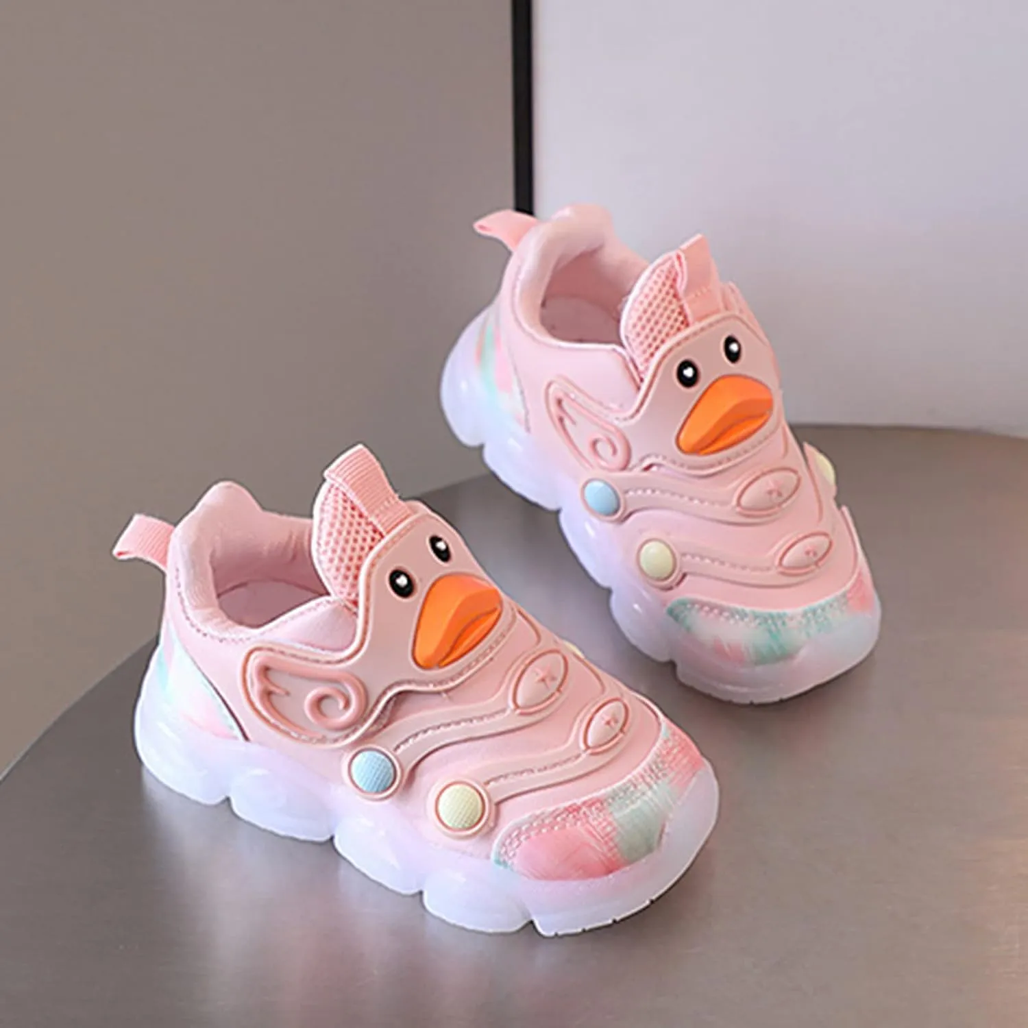 Toddler Baby Girls Light Up Sneakers Rubber Soft Bottom Slip On Sports Shoes Cartoon Duck Pattern Fashion Shoes