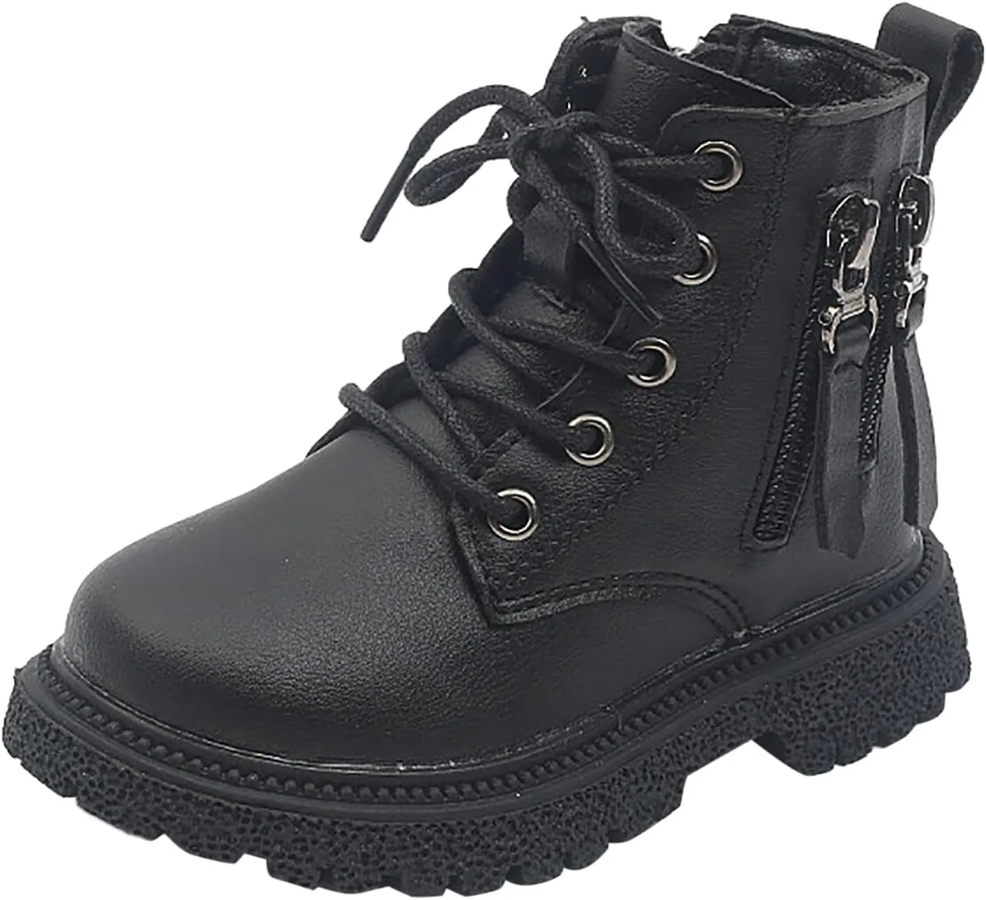 Toddler Boys Girls Faux Leather Ankle Boots Side Zipper Lace-Up Winter Combat Booties Outdoor Hiking Shoes