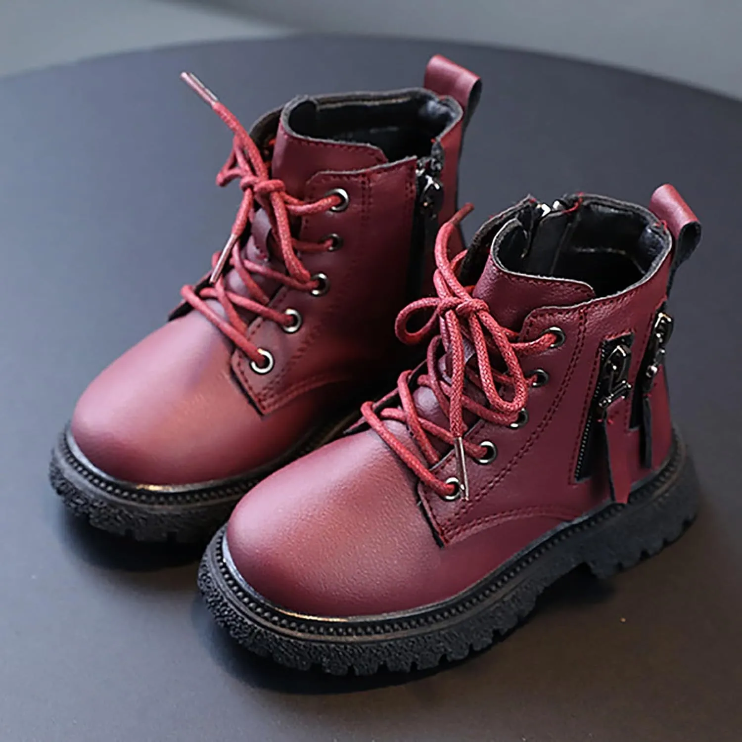 Toddler Boys Girls Faux Leather Ankle Boots Side Zipper Lace-Up Winter Combat Booties Outdoor Hiking Shoes