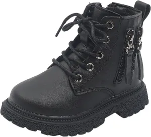 Toddler Boys Girls Faux Leather Ankle Boots Side Zipper Lace-Up Winter Combat Booties Outdoor Hiking Shoes