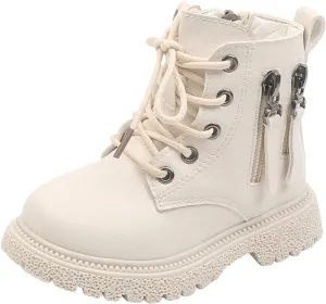 Toddler Boys Girls Faux Leather Ankle Boots Side Zipper Lace-Up Winter Combat Booties Outdoor Hiking Shoes
