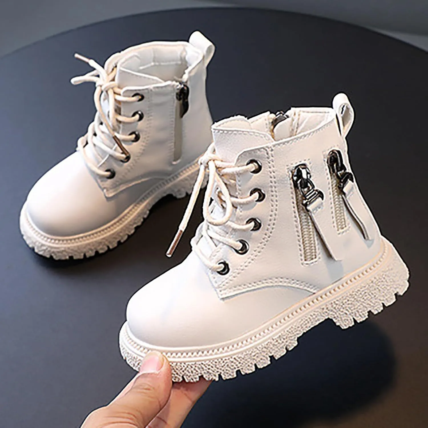 Toddler Boys Girls Faux Leather Ankle Boots Side Zipper Lace-Up Winter Combat Booties Outdoor Hiking Shoes