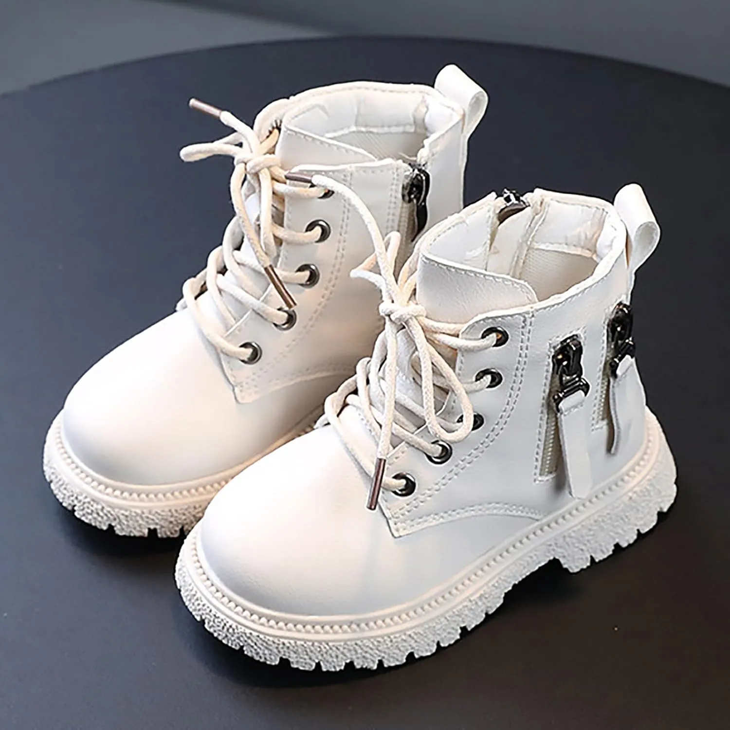 Toddler Boys Girls Faux Leather Ankle Boots Side Zipper Lace-Up Winter Combat Booties Outdoor Hiking Shoes